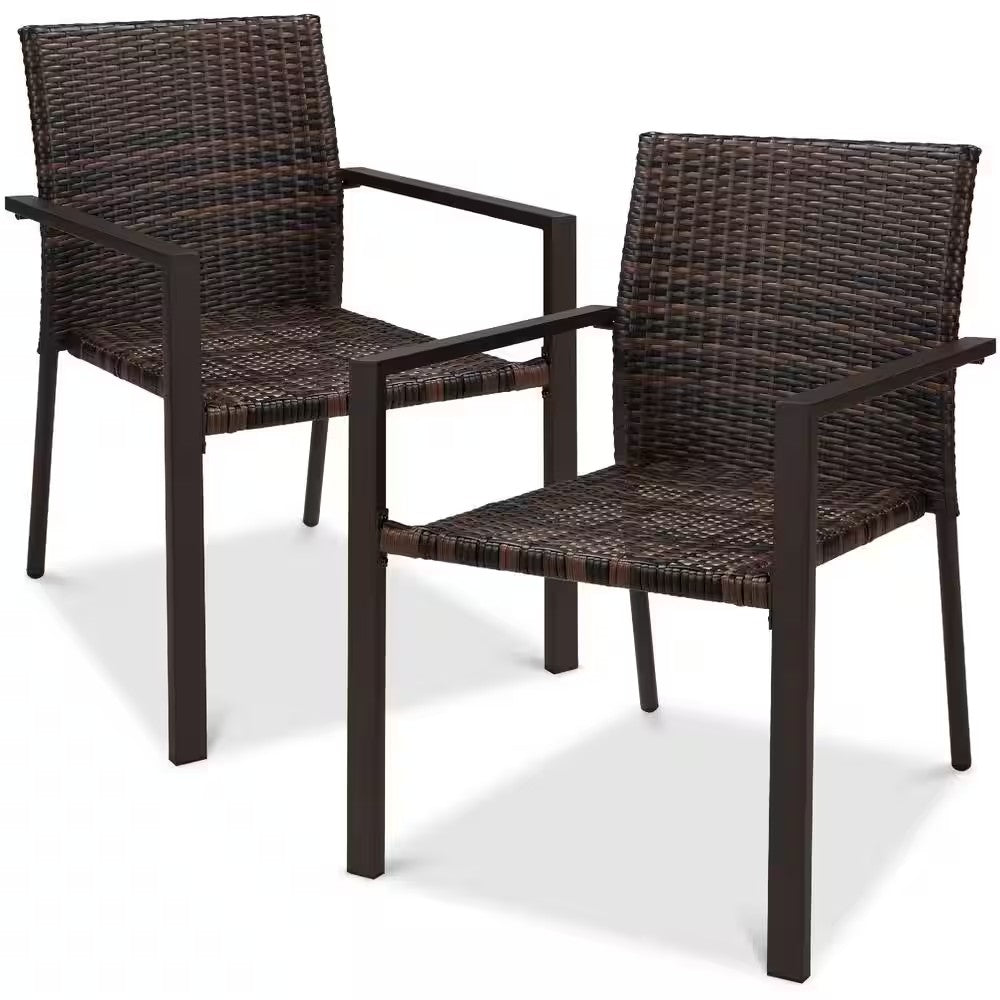 Stackable Brown Wicker Chairs with Armrests, Steel Conversation Accent Furniture for Patio (Set of 2) - D1 - 1008