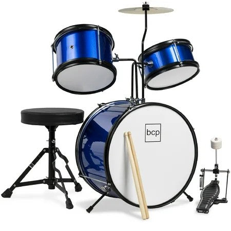 Kids Beginner 3-Piece Drum, Musical Instrument Set w/ Sticks, Cushioned Stool, Drum Pedal - Blue 1246
