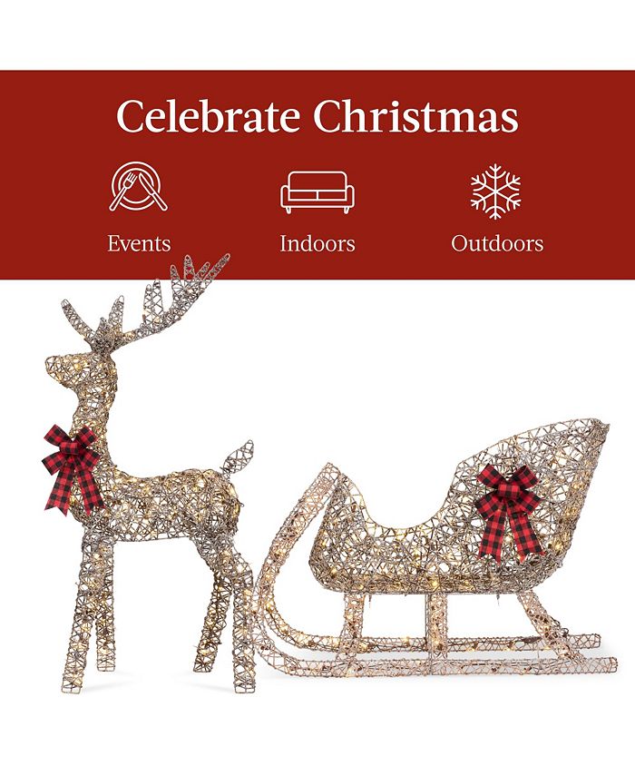 Best Choice Products Lighted Christmas 4ft Reindeer & Sleigh Outdoor Yard Decoration Set w/ 205 LED Lights, Stakes - Brown - D7 - 1465