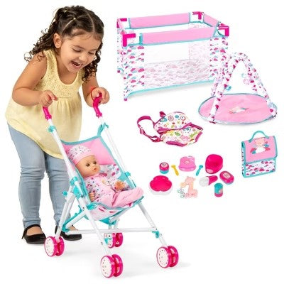Best Choice Products Kids 15-Piece 13.5in Newborn Baby Doll Nursery Role Play Playset w/ Stroller, Cot, Bag, Accessories - C2 - 1007