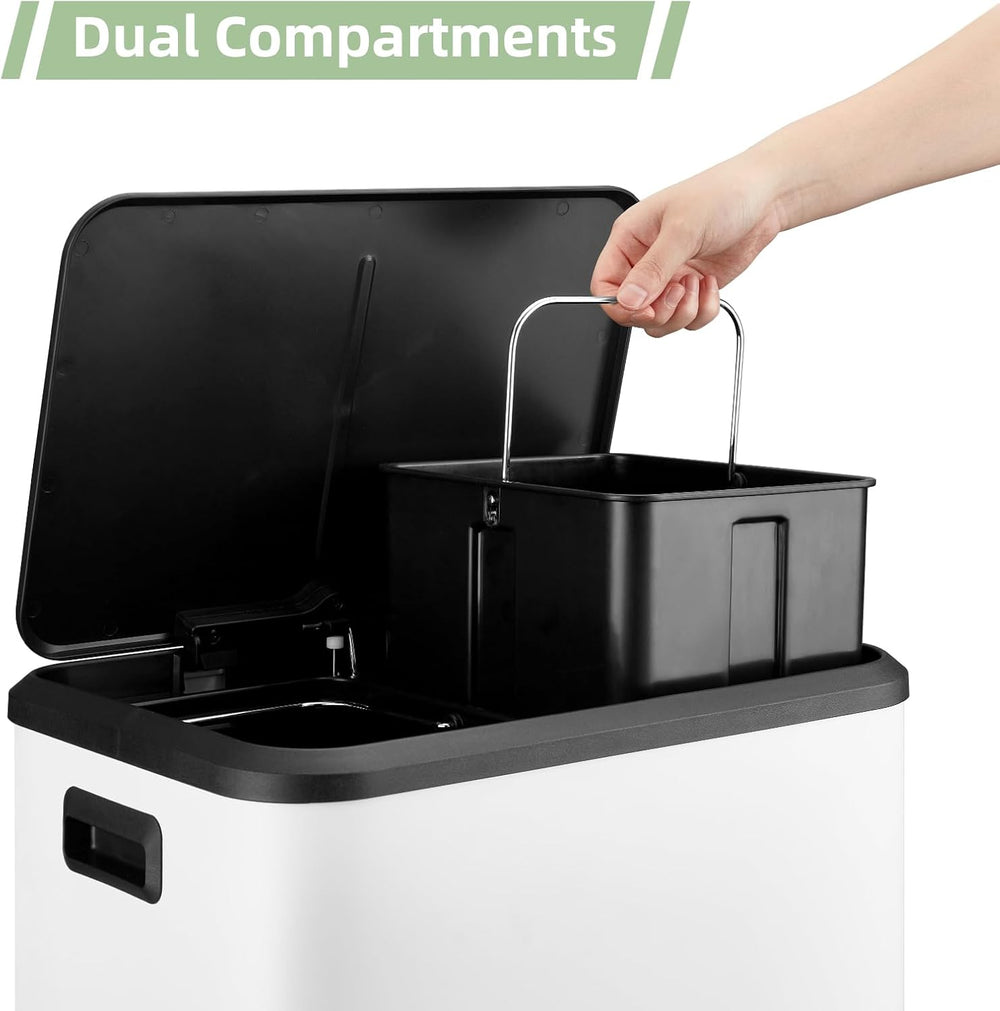 8 Gallon/30 Liter Dual Compartment Trash Can, Stainless Steel Garbage Can with Soft-Close Lid and Two Removable Inner Buckets, 2 x 15L Two Compartment Trash Bin for Kitchen Bedroom Home, White - D12 - 1561