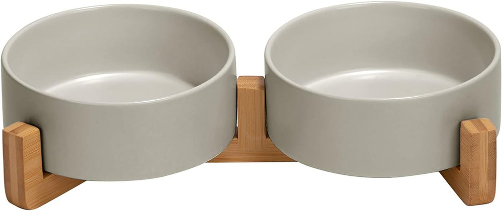 SPUNKYJUNKY Ceramic Dog and Cat Bowl with Wood Stand Non-Slip Matte Glaze Weighted Food Water Set for Cats &Small Dogs 13.5OZ - B4 - 511