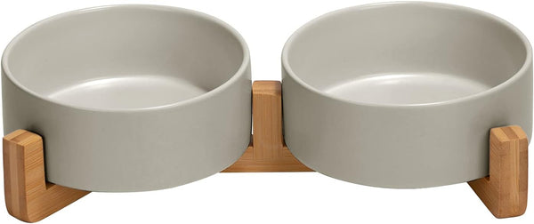SPUNKYJUNKY Ceramic Dog and Cat Bowl with Wood Stand Non-Slip Matte Glaze Weighted Food Water Set for Cats &Small Dogs 13.5OZ - B4 - 511