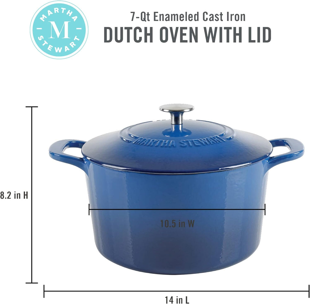 MARTHA STEWART Gatwick 7-Quart Enamel Cast Iron Dutch Oven Pot with Lid   Classic Blue   Durable Heavy-Duty Dutch Oven for Slow Cooking, Braising & Baking - C10 - 1255