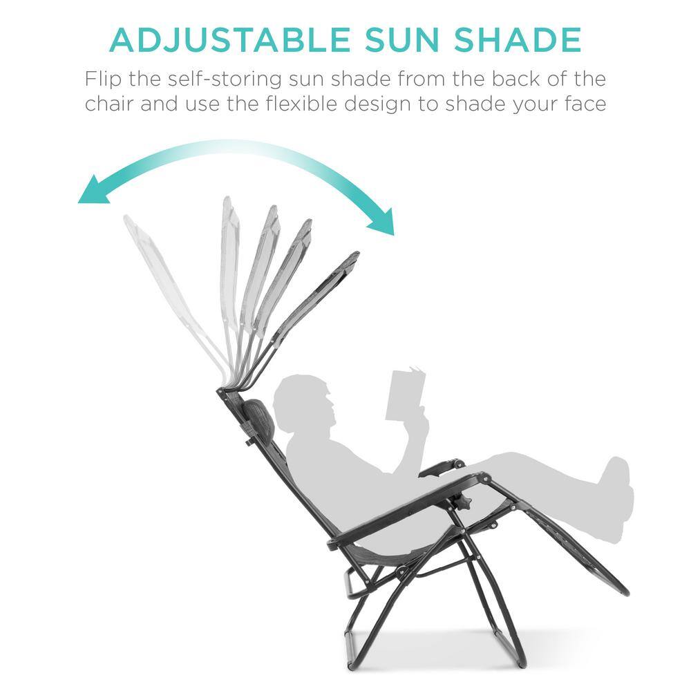 Zero Gravity Folding Reclining Gray Fabric Outdoor Lawn Chair w/Canopy Shade, Headrest Tray - C13 - 1504