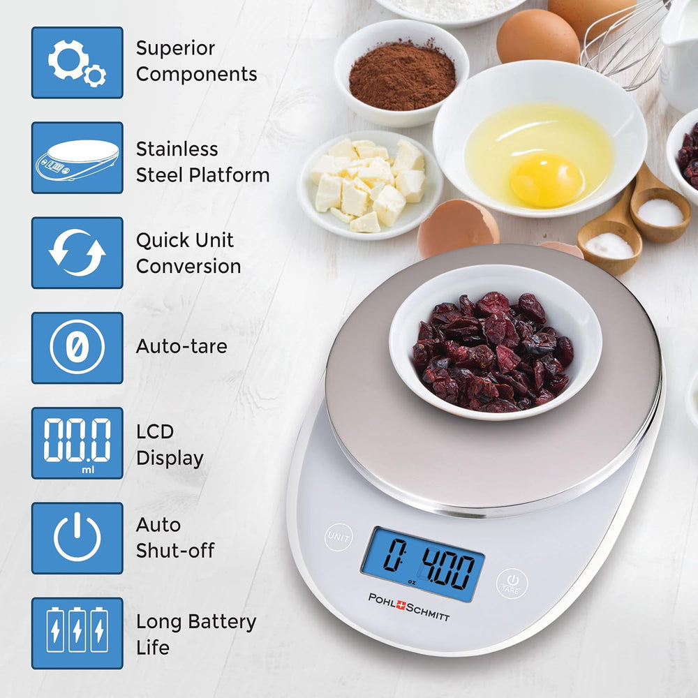 Pohl+Schmitt Digital Food Kitchen Scale, Multifunctional Weight Measuring for Cooking and Baking in Grams/Ounces, Auto Shut-Off, Stainless Steel (Batteries Included) (Silver) -B13-1330