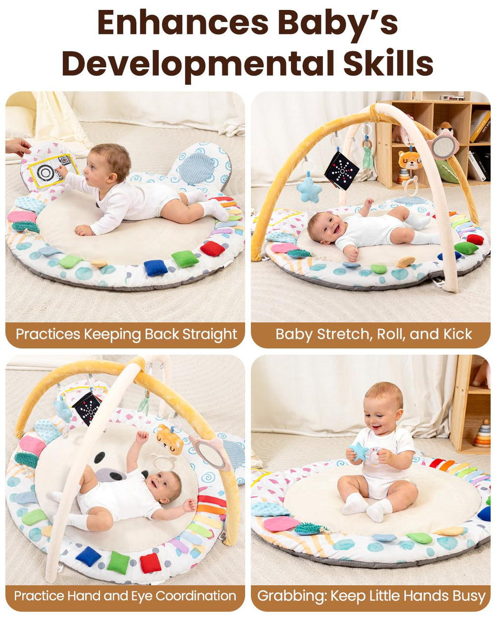 Baby Play Gym, Thickened and Non Slip Activity Mat, 5 Developmental Zones Tummy Time Mat with 5 Detachable Sensory Toys for Motor Skills, Baby Essentials Shower Gift Box(Bear) 1298