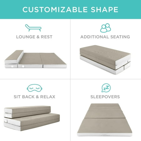 Best Choice Products 4in Thick Folding Portable Queen Tri-Fold Mattress w/ Carry Case, Washable Cover - Taupe - L1 - 1947 -C10-0487