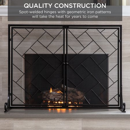 Best Choice Products 44x33in 2-Panel Handcrafted Wrought Iron Geometric Fireplace Screen w/ Magnetic Doors - Black - A6 - 455
