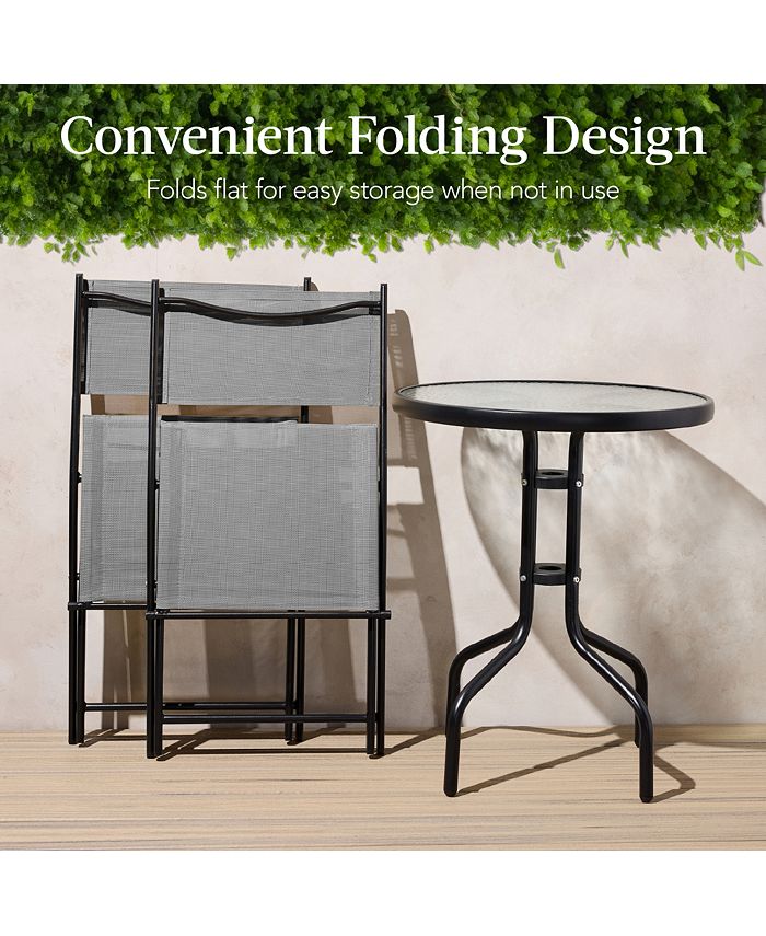 Best Choice Products 3-Piece Patio Bistro Dining Furniture Set w/ Round Textured Glass Tabletop, Folding Chairs - Gray - NO SIZE - M1 - 1822