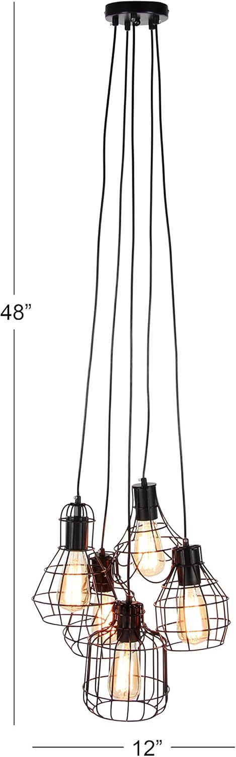 Deco 79 Industrial Cage-Designed 5-Light Pendant with Bulbs, 48" H x 17" L, Metallic Black Finish - B2 - 445