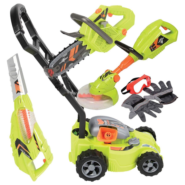 CP Toys 6-Piece Power Gardening Toy Set for Kids Ages 3+, Child Size Indoor/Outdoor Play Kids Tool Set with Leaf Blower, Chainsaw, Lawn Mower, and More, Green - F8 - 860