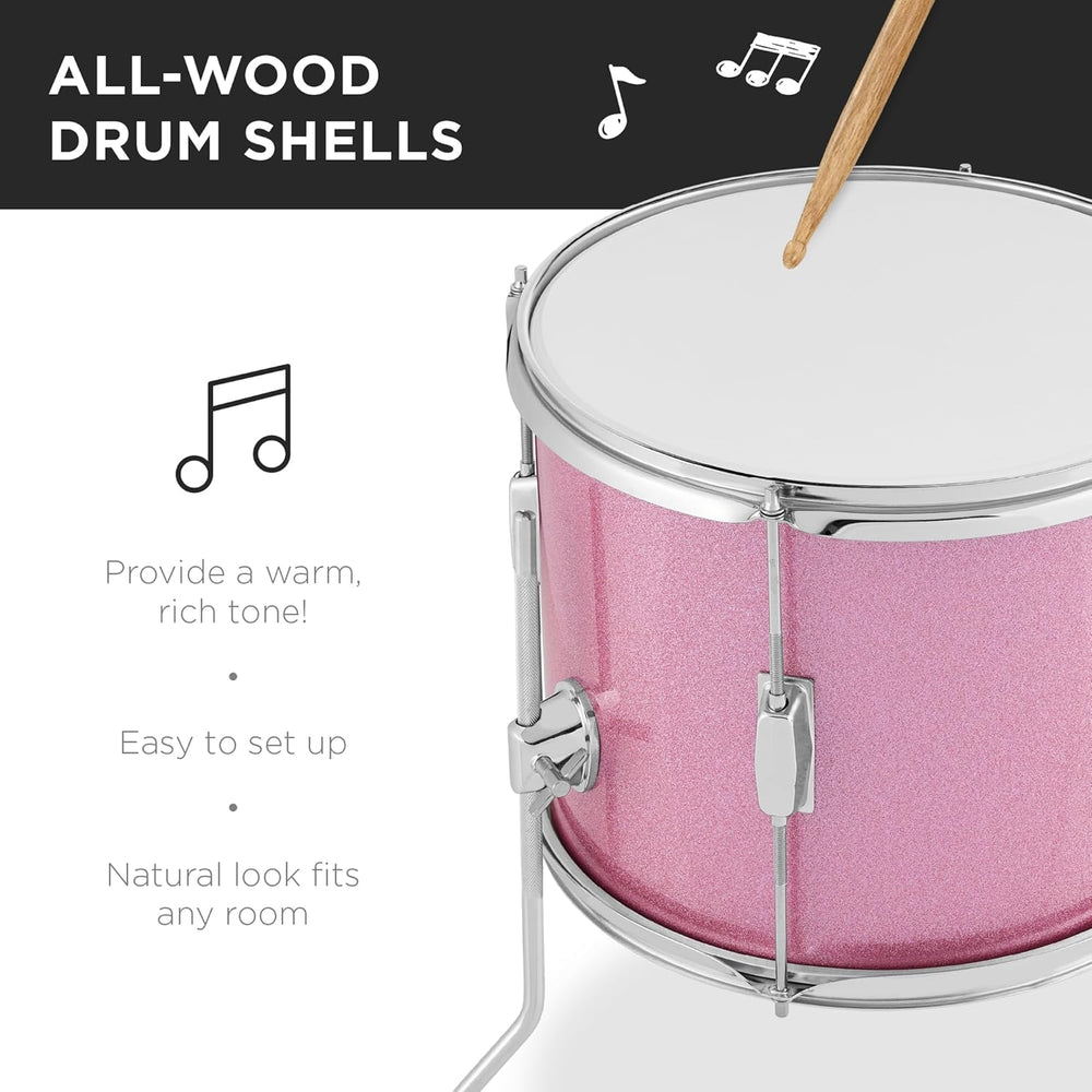 Best Choice Products Kids 5-Piece Beginner Drum Set Junior Kit, Starter Percussion w/Cymbals, Pedal, Toms, Snare, Drumsticks, Stool - Pink Sparkle - G11 - 1061