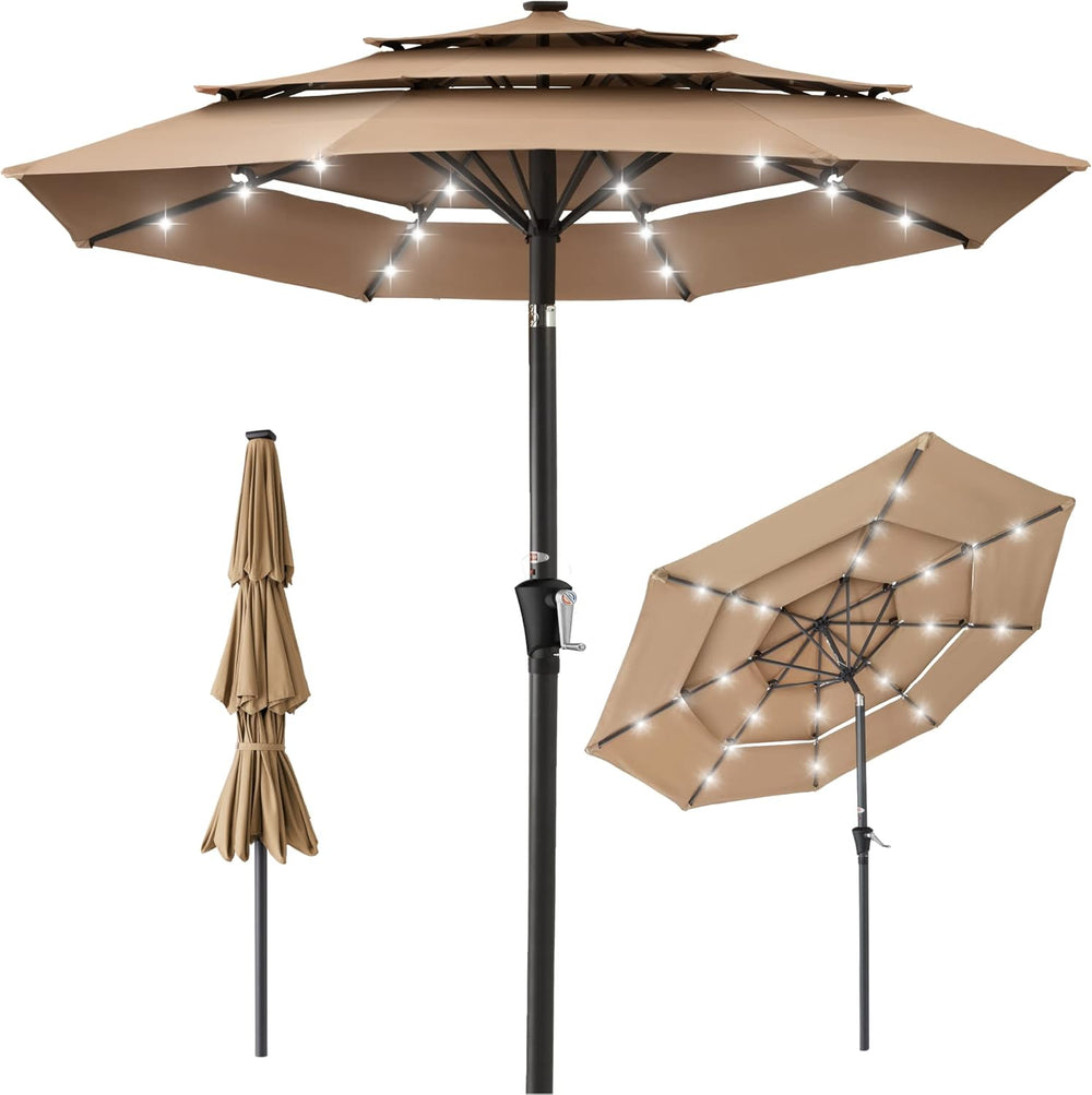 Best Choice Products 10ft 3-Tier Patio Umbrella, Outdoor Market Sun Shade for Backyard, Deck, Poolside w/ 24 LED Lights, Tilt Adjustment, Easy Crank, 8 Ribs 1489