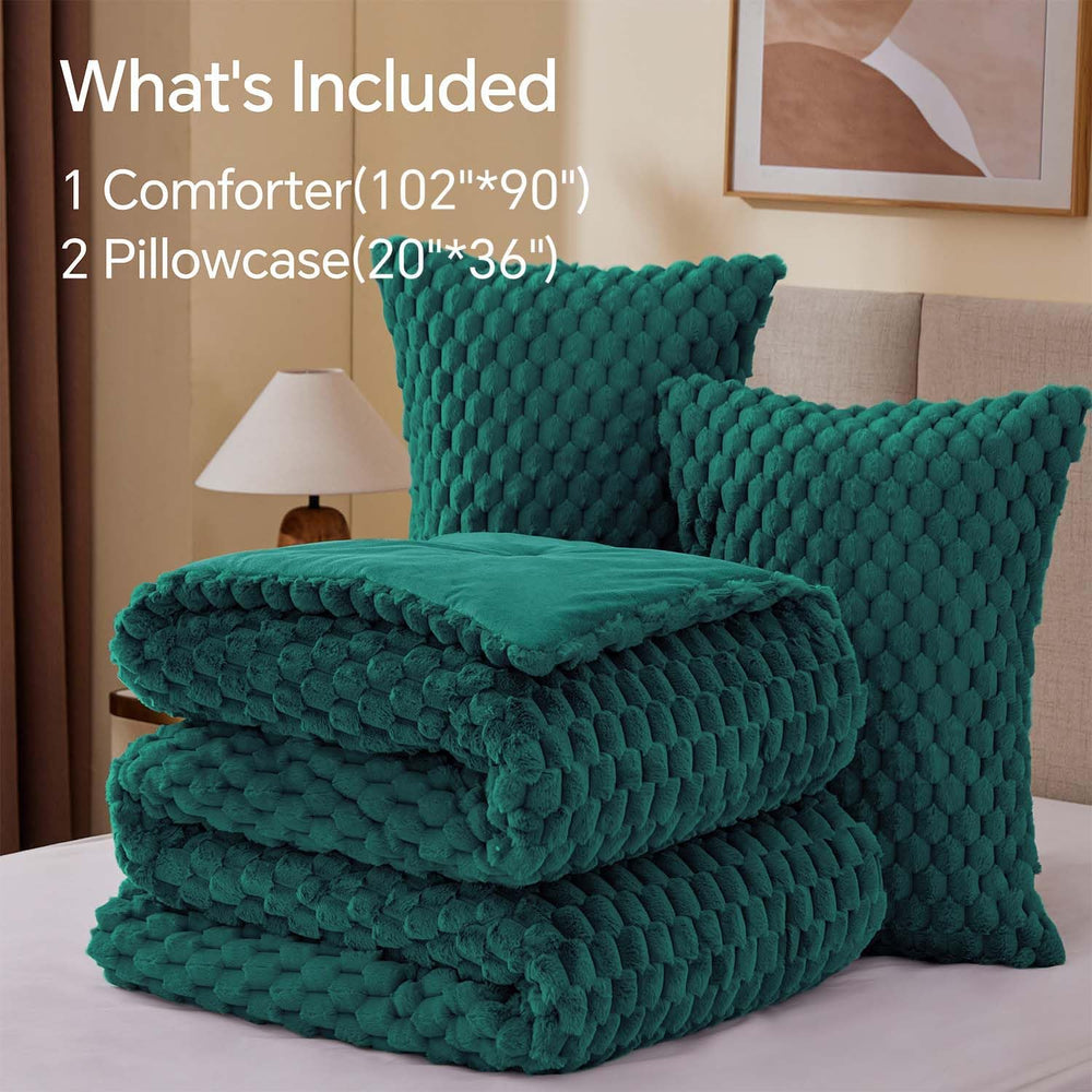 BEDELITE Fluffy King Size Comforter Set - Dark Green Fleece Soft Comforter for King Size Bed, Luxury Warm Bedding Set for Winter, Fuzzy Bed Set 3 Pieces (1 Comforter, 2 Pillowcases) 1301