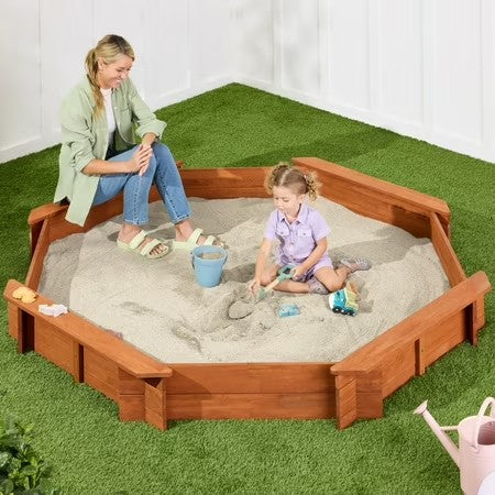 Best Choice Products Kid's Octagonal Wooden Outdoor Sandbox w/ Benches, 8 Seats, Cover, XL Sandpit, Liner - Brown -C9-0420