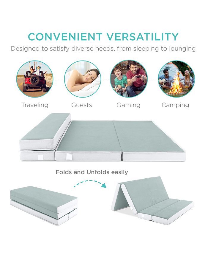 Best Choice Products 4in Thick Folding Portable Seafoam Mattress Topper w/ Carry Case, Washable Cover - Green - Full - D10 - 718