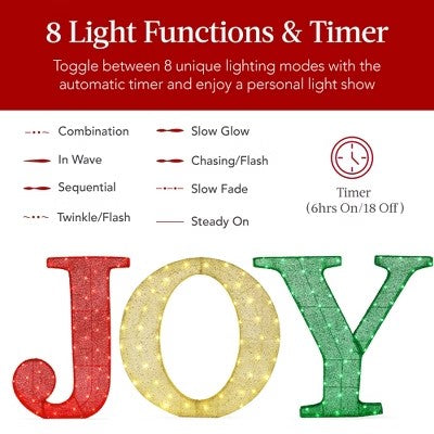 Best Choice Products 32in 3-Piece 3D Lighted Christmas JOY Yard Decoration w/ 150 LED Lights, Stakes - Red/Gold/Green -D14-0369