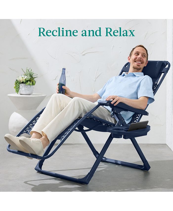 Best Choice Products Monochromatic Zero Gravity Chair, Folding Patio Recliner w/Side Tray, Headrest - Blue - H6 - 1681
