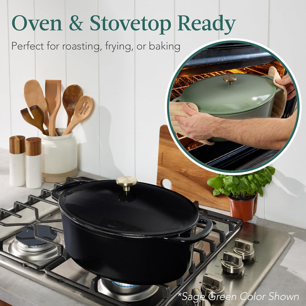Best Choice Products Oval 7.5 Quart Enamel Cast-Iron Dutch Oven, Heavy-Duty Pre-Seasoned for Baking, Cooking w/Side Handles   Black Licorice - G8 - 1001