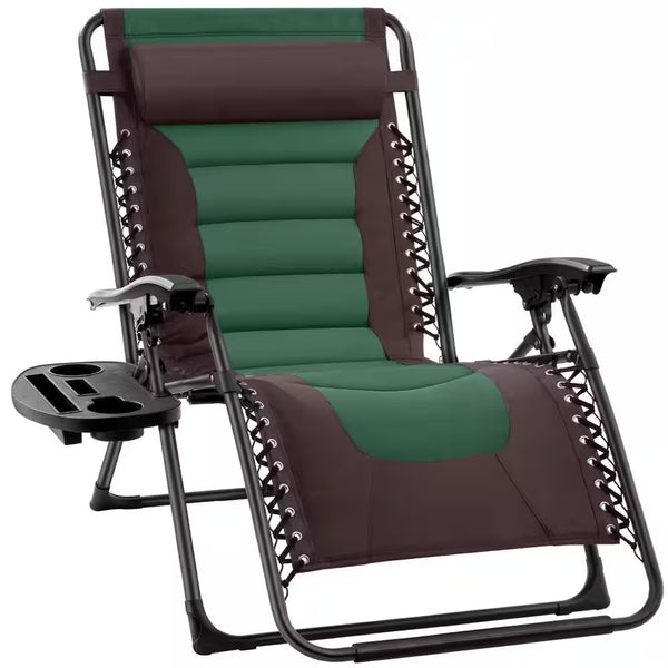 Oversized Padded Zero Gravity Brown/Green Metal Reclining Outdoor Lawn Chair with Side Tray -M12-0051