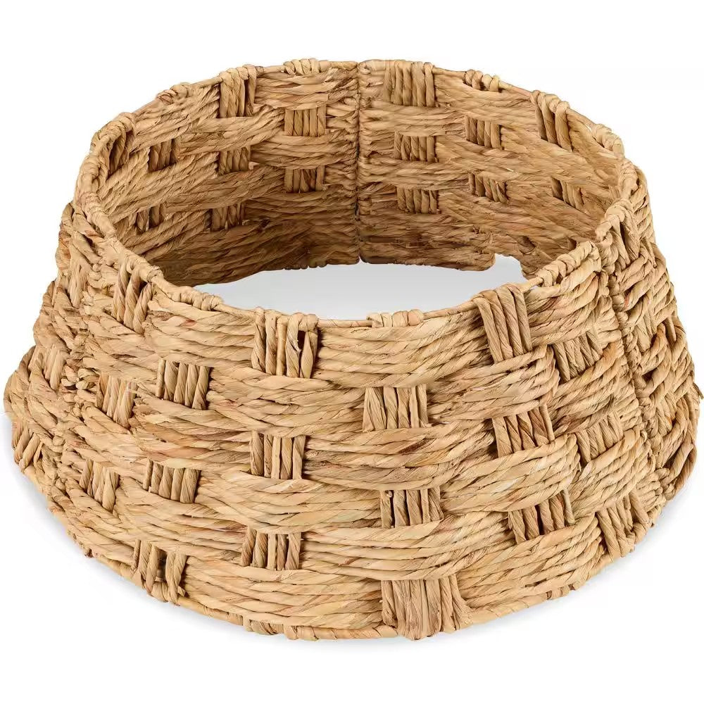 24 in. Basket Woven Hyacinth Christmas Cellulose Tree Collar, Skirt Accessory with Cord Cut-Out in Natural - B10 - 1474