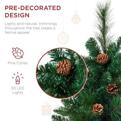 Best Choice Products Set of 2 24.5in Outdoor Scotch Pine Pathway Christmas Trees Decor w/ LED Lights, Pine Cones -E3-1660