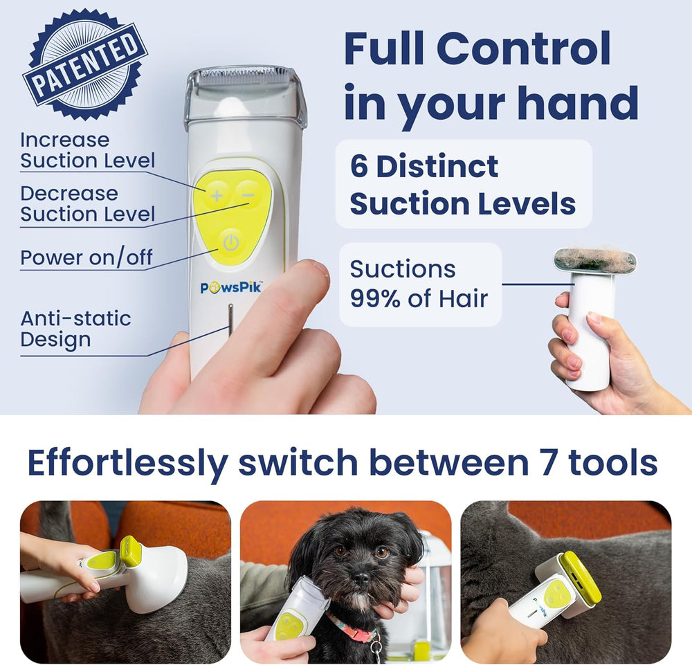 PAWSPIK Professional Dog Grooming Vacuum Kit, Dogs & Cats, Direct Handheld Control, 7 Grooming Tools, Deshedding and Dematting for Grooming, Large 2.2L Dust Bin, UL, HEPA Filter - F4 - 828