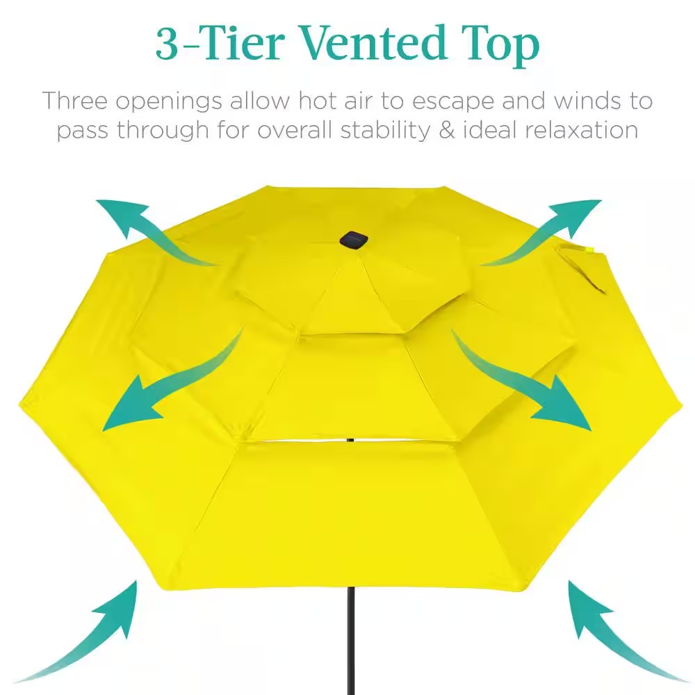 10 ft. Steel Market Solar Tilt Patio Umbrella with 24-LED Lights, Tilt Adjustment, Easy Crank in Yellow - E3 - 963