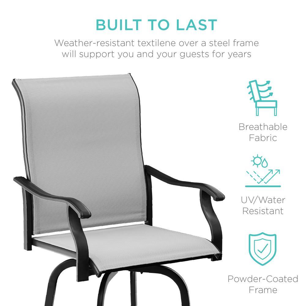 Gray Metal Outdoor Swivel Patio Bar Stool Chairs with 360-Degree Rotation, All-Weather Mesh (2-Pack) -D9-0594