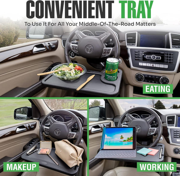 Steering Wheel Desk Tray for Eating, Laptops - Hooks Onto Most Vehicle Steering Wheels, Road Trip Accessory, Car Table -F5-1712