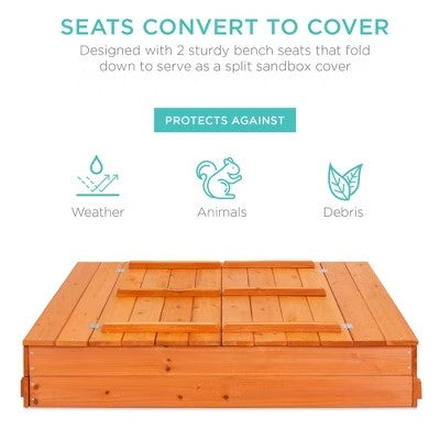 Best Choice Products 47x47-Inch Kids Wooden Outdoor Sandbox w/ 2 Foldable Bench Seats, Sand Protection, Liner - Brown - B14 - 1499