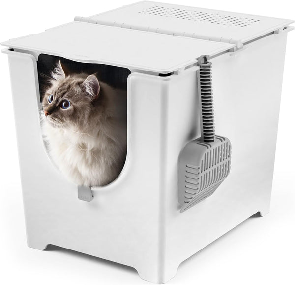Modkat Flip Litter Box with Lid - Covered Front-Entry Cat Litter Box with Lid - Full Height Seamless Base, Leak-Proof Design - Reusable Liner, Sifting Scoop & 2 Bamboo Charcoal Filters (White) - D7 - 521
