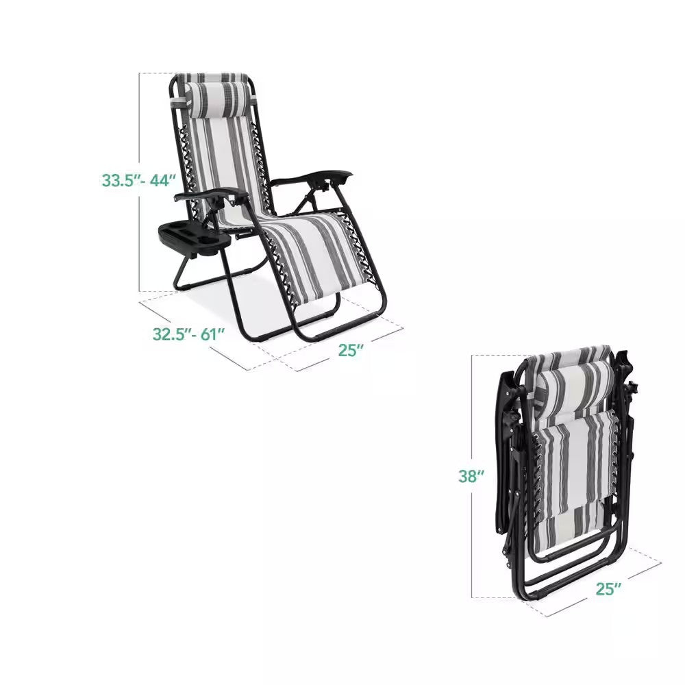 Gray Stripes Metal Zero Gravity Reclining Lawn Chair with Cup Holders (2-Pack) - D11 - 722