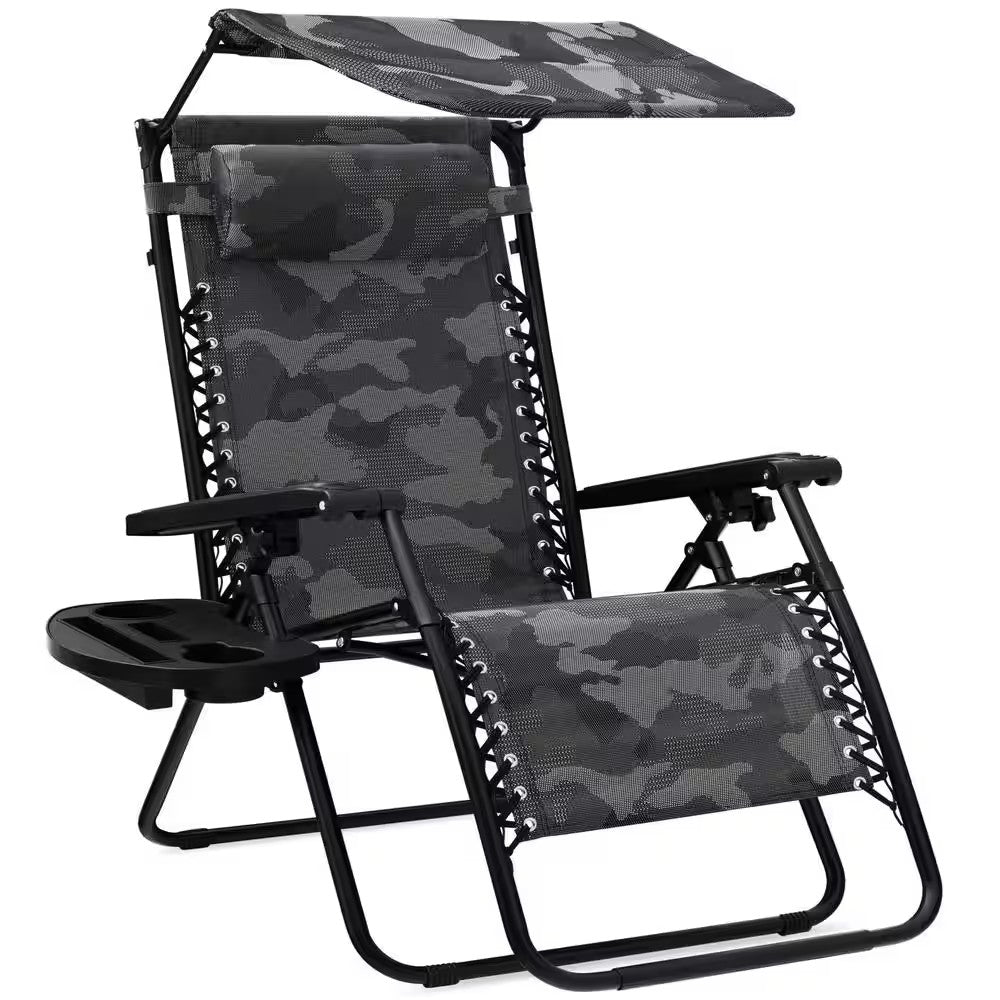 Zero Gravity Folding Reclining Camouflage Fabric Outdoor Lawn Chair with Canopy Shade, Headrest Tray - M6 - 1957