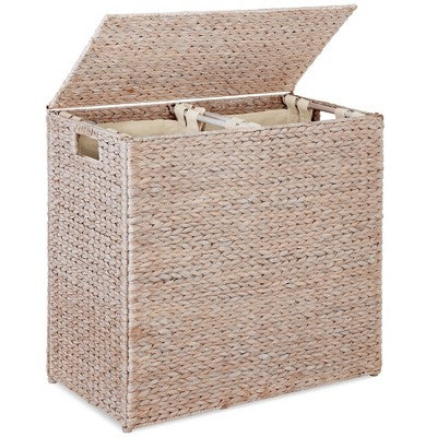 Best Choice Products Large Natural Water Hyacinth Double Laundry Hamper Basket w/ 2 Liner Bags, Handles - Whitewash 1822