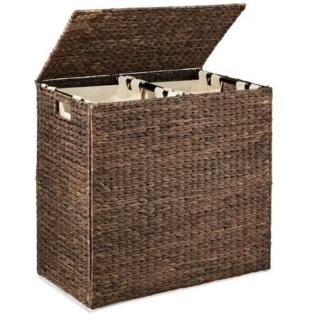 Best Choice Products Large Natural Water Hyacinth Double Laundry Hamper Basket w/ 2 Liner Bags, Handles - Espresso -A4-0465