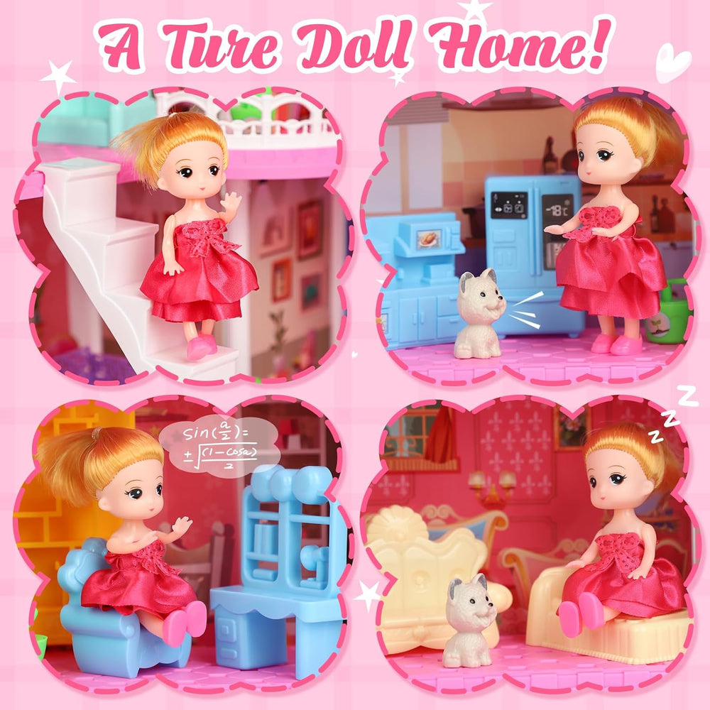 Lehoo Castle Doll House Dreamhome, 4-Story 12 Rooms Dollhouse Playhouse with Doll and Furniture, Pretend Dream Dollhouse Playset Pink Girl Toys, Sturdy Construction, Easy to Move, Ideal Gift Toy 1465