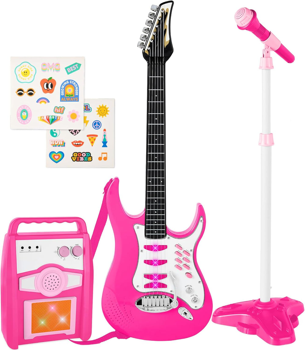 Best Choice Products Toy Kids Guitar Play Set Bundle, Pretend Play Toddler Electric Guitar Kit with Interactive Microphone, Amp, Whammy Bar, 6 Demo Songs and 2 Sticker Sheets - Pink - A7 - 1457