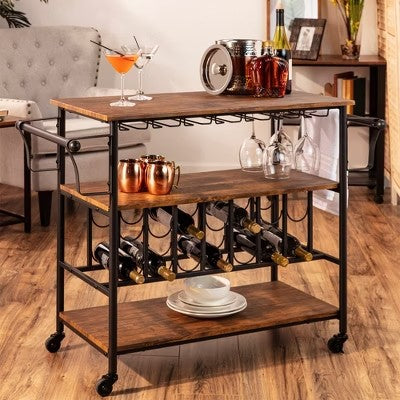 Best Choice Products 45in Industrial Wood Shelf Bar & Wine Storage Service Cart w/ Bottle & Glass Racks, Locking Wheels - B11 - 1507