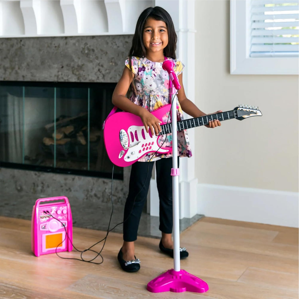 Best Choice Products Toy Kids Guitar Play Set Bundle, Pretend Play Toddler Electric Guitar Kit with Interactive Microphone, Amp, Whammy Bar, 6 Demo Songs and 2 Sticker Sheets - Pink - A7 - 1457