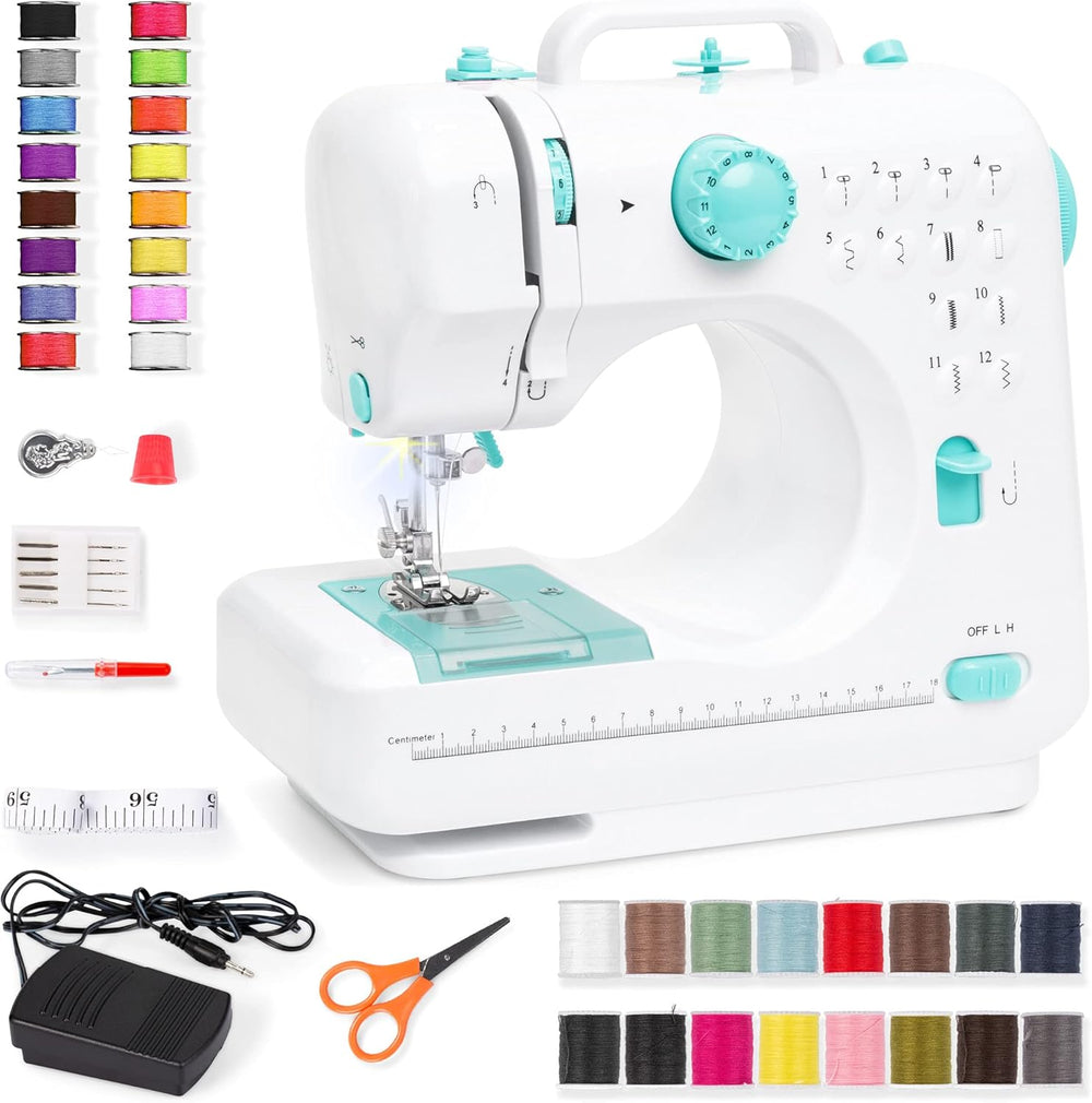 Best Choice Products Compact Sewing Machine, 42-Piece Beginners Kit, Multifunctional Portable 6V Beginner Sewing Machine w/ 12 Stitch Patterns, Light, Foot Pedal, Storage Drawer - Teal/White - A13 - 720