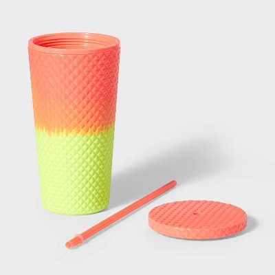23oz Double Wall Texture Diamond Tumbler with Straw Pink/Green - Sun Squad  - F10 - 1911