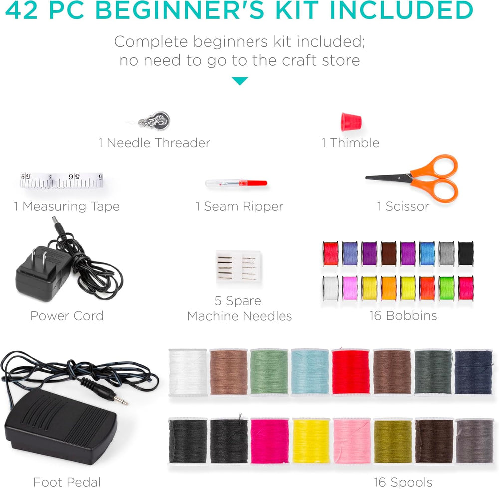 Best Choice Products Compact Sewing Machine, 42-Piece Beginners Kit, Multifunctional Portable 6V Beginner Sewing Machine w/ 12 Stitch Patterns, Light, Foot Pedal, Storage Drawer - Teal/White - A13 - 720