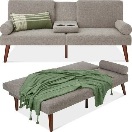 Fabric Upholstered Convertible Futon w/ Rounded Armrests, Wooden Legs, 2 Cupholders - Gray 1243