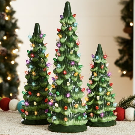 Best Choice Products Set of 3 Pre-Lit Hand-Painted Ceramic Tabletop Christmas Trees w/ Multicolor Lights - Green - F11 - 1080