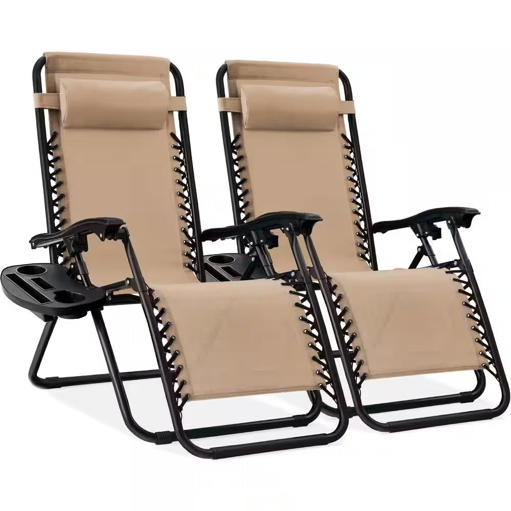 Sand Metal Zero Gravity Reclining Lawn Chair with Cup Holders (2-Pack) -M1-0002