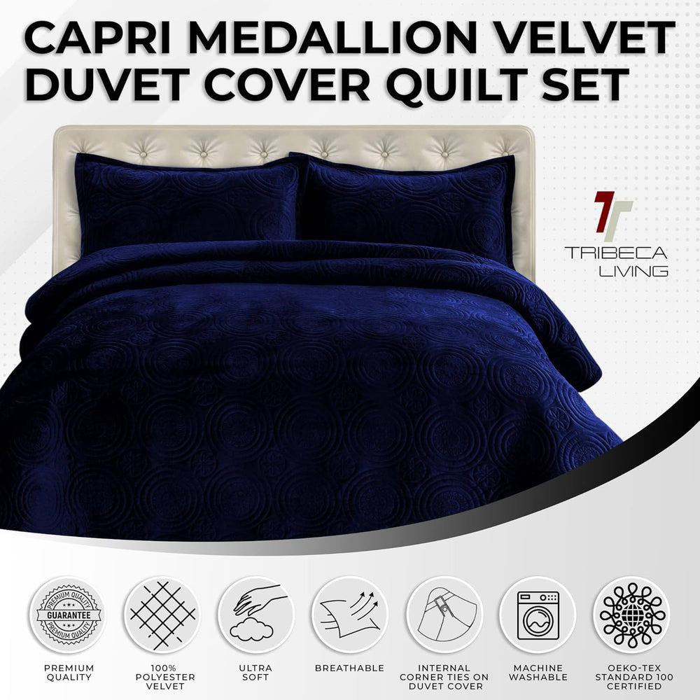 Tribeca Living Oversized Velvet Quilt Set Queen - Buttery Soft 260GSM Velvet Bedding for Luxurious Comfort - Double-Sided Capri Medallion Quilted Design in Rich Navy Blue - D11 - 1560