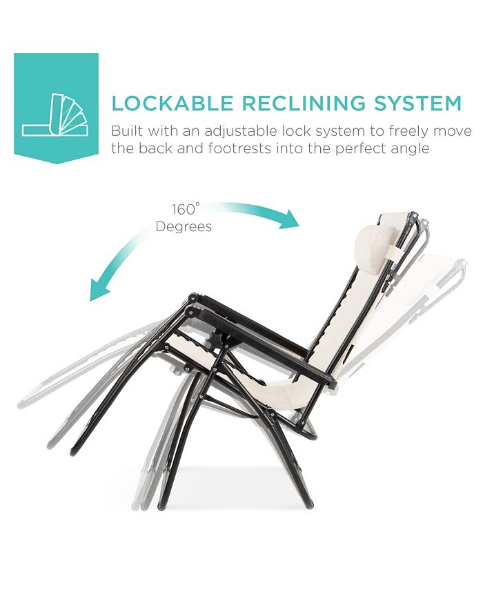 Best Choice Products Folding Zero Gravity Recliner Patio Lounge Chair w/ Canopy Shade, Headrest, Tray - Ivory/Cream 1805