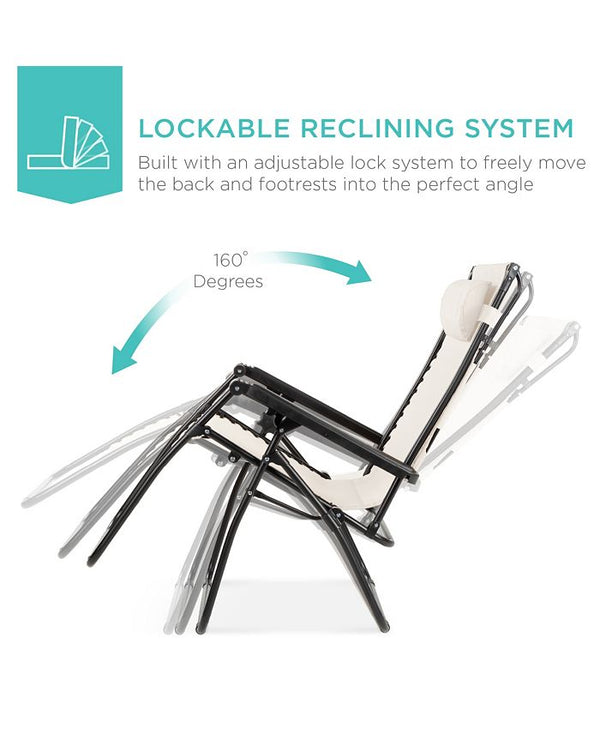 Best Choice Products Folding Zero Gravity Recliner Patio Lounge Chair w/ Canopy Shade, Headrest, Tray - Ivory/Cream 1805